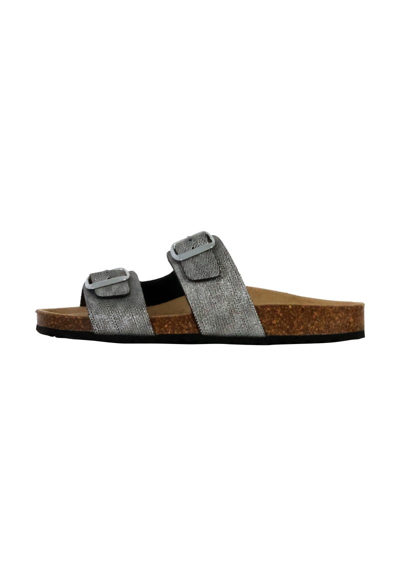 Sandali a scivolo in tessuto grigio con due fibbie regolabili, soletta in sughero, plantare testurizzato e suola in gomma nera. Design piatto e aperto sulla punta.