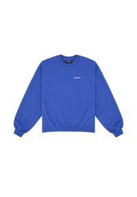Felpa blu, colletto tondo, maniche lunghe, polsini e orlo a costine. Presenta un piccolo logo bianco sul petto. Tessuto di cotone morbido.