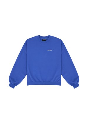 Modrá mikina, kulatý výstřih, dlouhé rukávy, žebrované manžety a lem. Na hrudi má malé bílé logo. Hladká bavlněná tkanina.