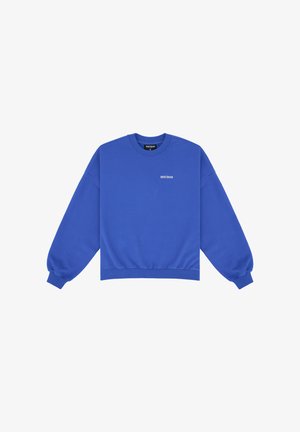 Modrá mikina, kulatý výstřih, dlouhé rukávy, žebrované manžety a lem. Na hrudi má malé bílé logo. Hladká bavlněná tkanina.