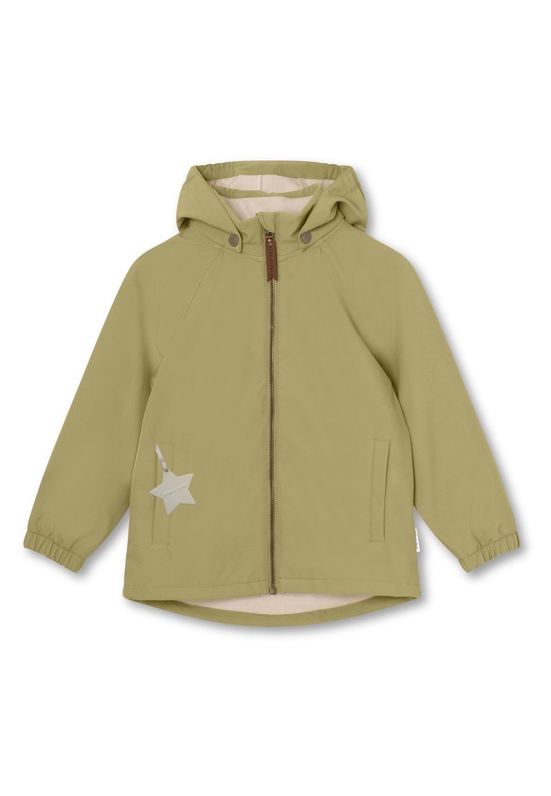Olivgrüne Kapuzenjacke mit Frontreißverschluss, elastischen Bündchen, seitlichen Taschen und einem silbernen Sternen-Detail auf der linken Seite. Weiche Innenauskleidung.