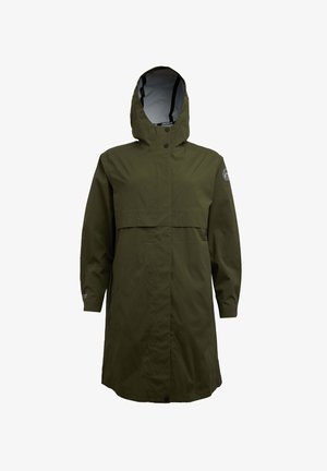 Giacca da pioggia verde oliva con cappuccio, chiusura frontale con bottoni a pressione e maniche lunghe. Presenta una tasca sul petto e un dettaglio logo sulla manica.