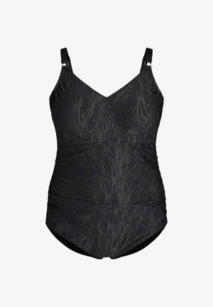 Musta yksiosainen uimapuku, jossa on hienovarainen kukkakuvio, säädettävät olkaimet ja ryppyiset sivut.