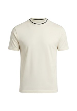 T-shirt a maniche corte color avorio con scollo rotondo e sottile dettaglio a riga nera.