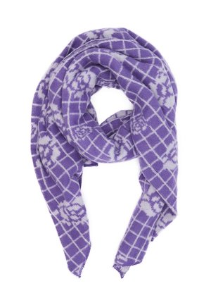 Sciarpa intrecciata viola con un motivo a griglia e accenti floreali di un viola più chiaro. Texture morbida, si drappeggia in modo loose e presenta bordi sfilacciati.