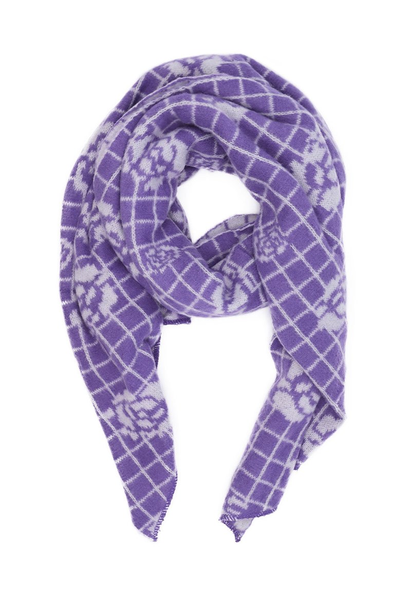 Sciarpa intrecciata viola con un motivo a griglia e accenti floreali di un viola più chiaro. Texture morbida, si drappeggia in modo loose e presenta bordi sfilacciati.