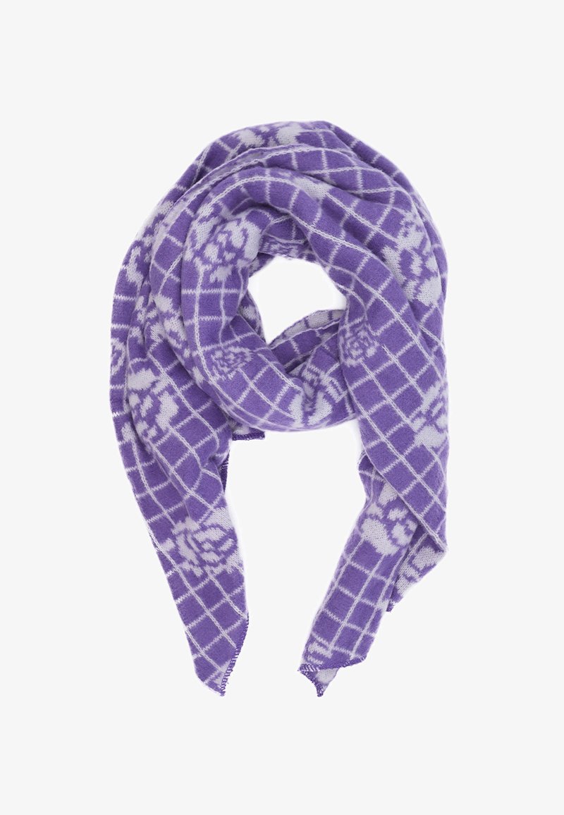 Sciarpa intrecciata viola con un motivo a griglia e accenti floreali di un viola più chiaro. Texture morbida, si drappeggia in modo loose e presenta bordi sfilacciati.