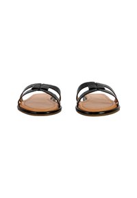 Sorte slide-sandaler med en struktureret overdel, der har krydsede stropper. Sålen er brun, lavet af glat materiale for komfort.