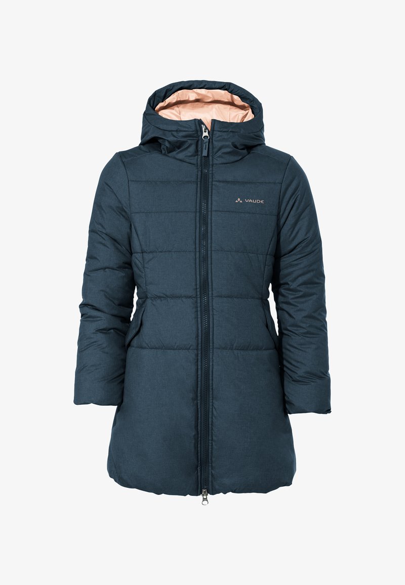 Marineblauer isolierter Mantel mit einem Reißverschluss vorne, Kapuze und rosafarbener Innenseite. Mit gestepptem Muster und kleinem Logo auf der Brust.