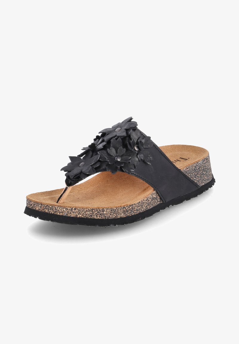 Schwarze Slide-Sandalen mit floralen Verzierungen, Korkfußbett, strukturiertem Gummisohle und einem Riemendesign im Zehensteg-Stil.