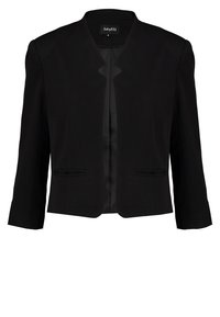 Blazer court noir à manches longues, devant ouvert et deux petites poches avant, présenté sur fond blanc.