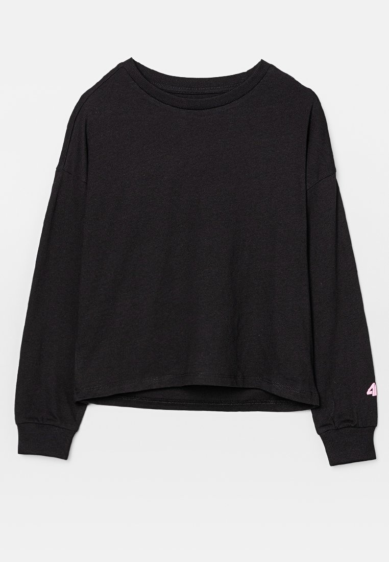 Schwarzes Langarmoberteil aus Baumwolle mit Rundhalsausschnitt und überschnittenen Schultern. Dezenter pinker Akzent auf dem linken Ärmel.