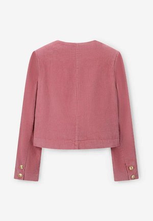 Veste courte en velours côtelé rose avec des manches longues, arborant des accents en boutons dorés aux poignets et un design court. Tissu texturé en côtes.