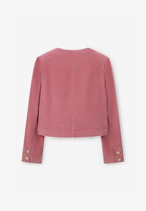 Korte roze corduroy jas met lange mouwen, voorzien van gouden knopenaccenten op de manchetten en een cropped ontwerp. Gestructureerde ribbelstof.