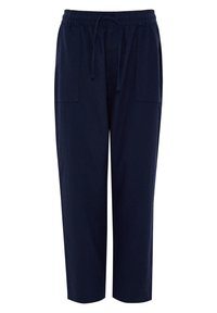 Donkerblauwe elastische broek met strikkoord, voorzien van twee voorkeizens en een losse pasvorm, gemaakt van lichte stof.