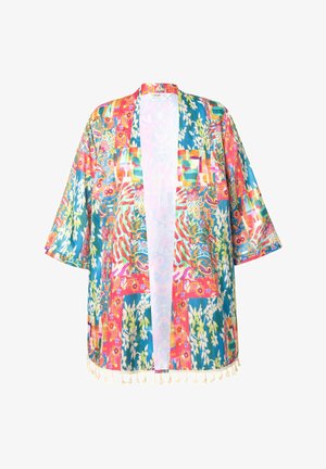 Kimono coloré et à motifs avec un mélange de bleus, de roses et de jaunes. Présente une ouverture à l'avant, de larges manches et des franges décoratives à l'ourlet.