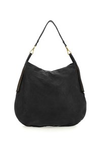 Borsa hobo in pelle nera con una texture liscia, una forma curva e dettagli in metallo dorato lungo il lato.