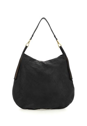 Borsa hobo in pelle nera con una texture liscia, una forma curva e dettagli in metallo dorato lungo il lato.