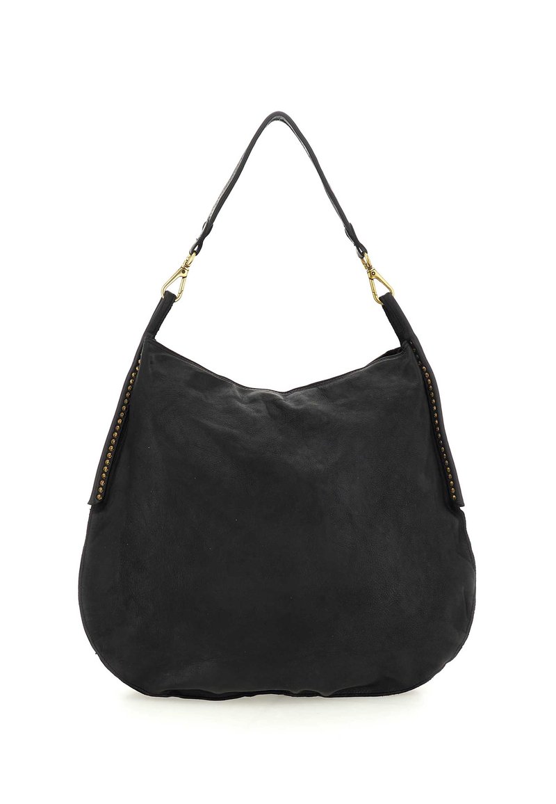 Borsa hobo in pelle nera con una texture liscia, una forma curva e dettagli in metallo dorato lungo il lato.