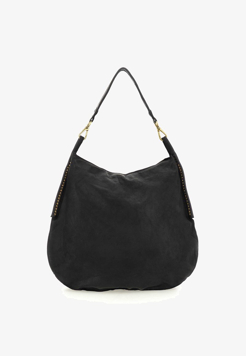 Borsa hobo in pelle nera con una texture liscia, una forma curva e dettagli in metallo dorato lungo il lato.