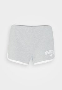 Světle šedé bavlněné šortky s bílými lemy a logem "Hollister" na dolní pravé noze, navržené pro volnočasové nošení.