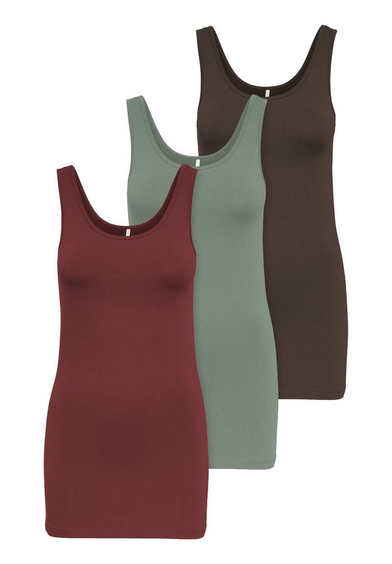 Drei Tanktops in burgunderrot, grün und braun. Aus weichem Baumwollstoff, mit slim fit, breiten Trägern und rundem Ausschnitt.