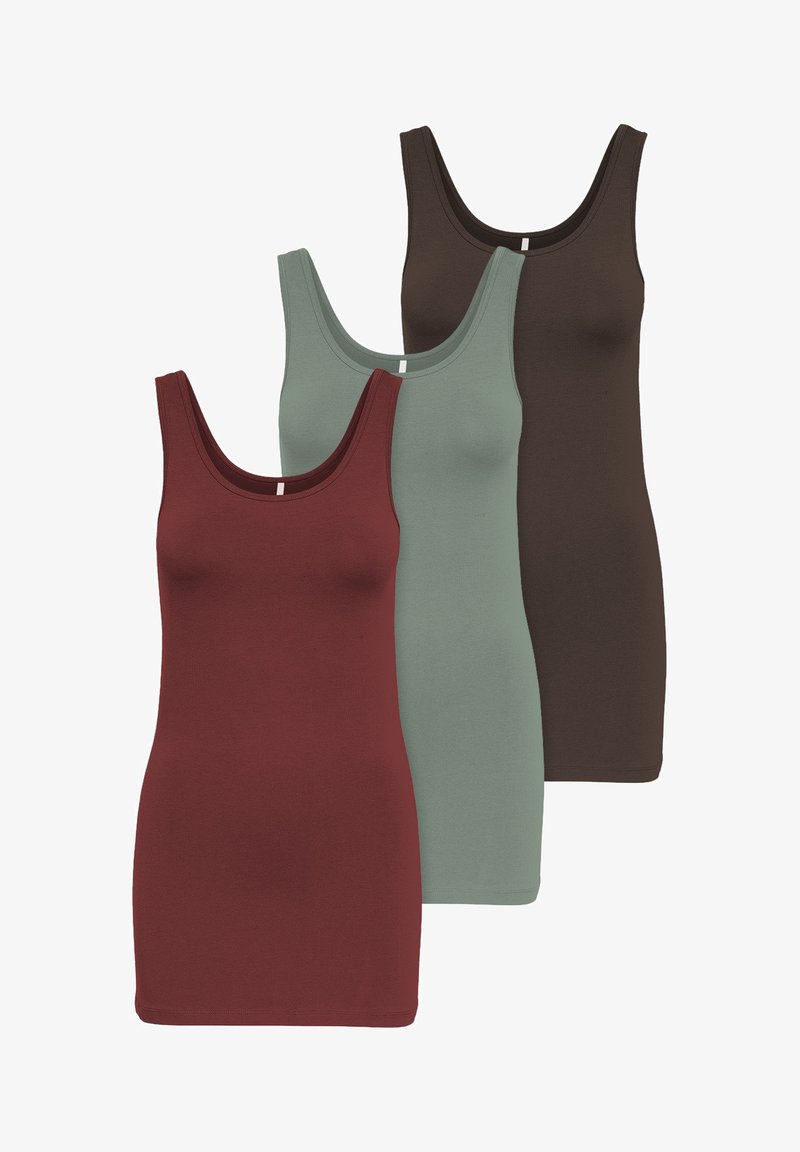 Drei Tanktops in burgunderrot, grün und braun. Aus weichem Baumwollstoff, mit slim fit, breiten Trägern und rundem Ausschnitt.
