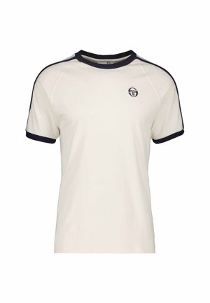 Kermanen lyhythihainen t-paita, jossa on tummansiniset kaulus ja hihansuut. Rinnassa on pieni logo ja raglan-muotoilu.