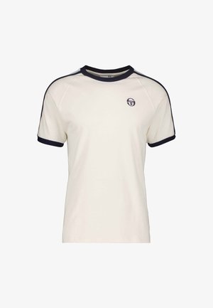 Kermanen lyhythihainen t-paita, jossa on tummansiniset kaulus ja hihansuut. Rinnassa on pieni logo ja raglan-muotoilu.