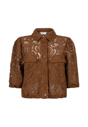 Bruine kanten cropped jas met bloemmotieven, knoopsluiting vooraan, kraag, twee borstzakken en driekwart mouwen.