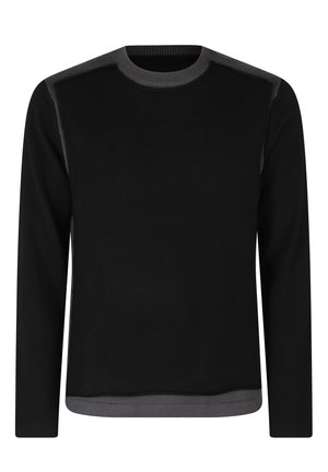 Maglione nero a maniche lunghe con scollo rotondo grigio scuro, dettagli sulle spalle e sull'orlo, realizzato in tessuto a coste.