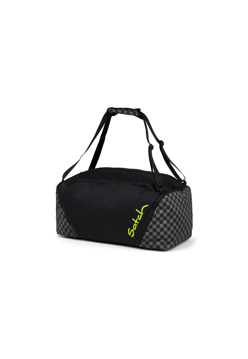 Borsa a tracolla nera con motivo a scacchi grigi. Presenta un logo verde, tessuto intrecciato, doppi manici e spallacci regolabili.