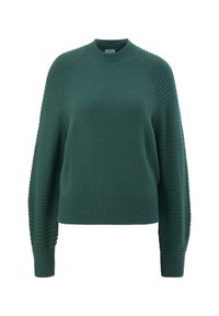 Groene trui met een ronde hals, geribbelde accenten op de mouwen en de onderkant, gemaakt van een zachte, gestructureerde stof, met een relaxte pasvorm.