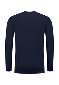 Marineblaues Langarm-Strickpullover mit Rundhalsausschnitt, gerippten Bündchen und Saum; glatte Textur und minimalistisches Design.