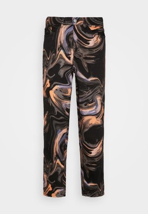 Slim-fit pants with black base and swirling abstract patterns in orange, purple, and gray, featuring front pockets and button closure.