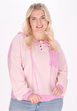 Rosa gestreiftes Kapuzensweatshirt mit einer Kängurutasche, ausgestattet mit einer Knopfleiste und gerippten Akzenten an den Bündchen und am Saum. Weiche Textur.
