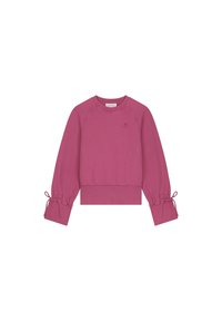Roze sweatshirt met raglanmouwen, aansluitende ribgebreide onderkant en trekkoorddetails bij de mouwen. Glad materiaal en minimale branding op de borst.