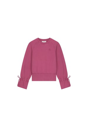 Roze sweatshirt met raglanmouwen, aansluitende ribgebreide onderkant en trekkoorddetails bij de mouwen. Glad materiaal en minimale branding op de borst.