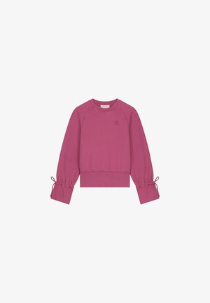 Roze sweatshirt met raglanmouwen, aansluitende ribgebreide onderkant en trekkoorddetails bij de mouwen. Glad materiaal en minimale branding op de borst.