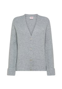 Cardigan grigio chiaro con texture a costine, scollo a V e quattro bottoni sul davanti. Presenta maniche lunghe e polsini ripiegati.