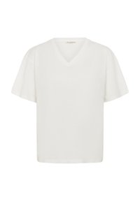 Hvid V-hals T-shirt lavet af blødt bomuld, med korte ærmer og en afslappet pasform, med en glat tekstur og enkelt design.