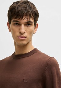 Brun stickad tröja med ribbat rundhals och subtilt broderad logga på bröstet. Slät yta med åtsittande ärmar och axelsömmar.