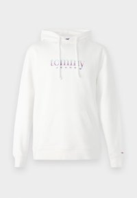 Λευκή φούτερ φτιαγμένη από μείγμα βαμβακιού, με μπροστινή τσέπη καγκουρό, κουκούλα με κορδόνι και πολύχρωμο λογότυπο "tommy JEANS" στο στήθος.