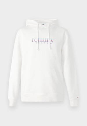 Hvid hoodie lavet af bomuldsblanding, med en front kangaroo lomme, snoretræk til hætten og et flerfarvet "tommy JEANS" logo på brystet.