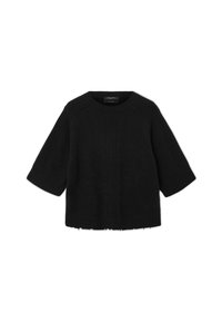 Maglione nero a maglia con maniche larghe a costine e orlo a costine, scollatura a girocollo e sottili righe verticali al centro davanti.