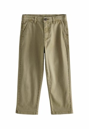 Pantalon en coton kaki à coupe droite, doté d'une fermeture à bouton, de poches avant et d'une texture lisse.