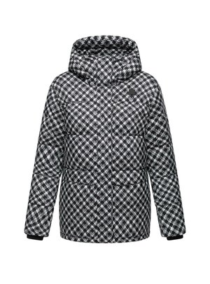 Pufová bunda s kapucí v černo-bílem vzoru, se staženým pasem a elastickými manžetami pro teplo a pohodlí.