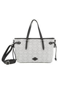 Borsa a tracolla grigia a fantasia con dettagli in pelle nera, doppio manico e tracolla staccabile. Presenta chiusure a zip e a scatto.