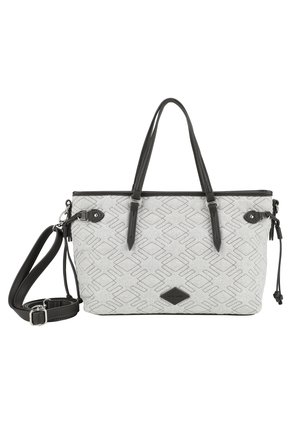 Sac fourre-tout à motifs gris avec accents en cuir noir, double poignées et une bandoulière amovible. Il est doté de fermetures à glissière et à pression.