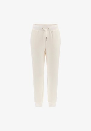 Pantaloni de trening crem cu un model texturat, talie elastică cu șnur și manșete ribbate la glezne.